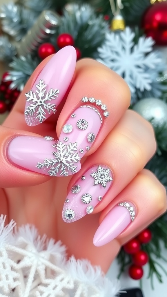 Elegant Pink Christmas Almond Acrylic Nails Close-up of pink almond acrylic nails with snowflake designs and glitter, perfect for Christmas.